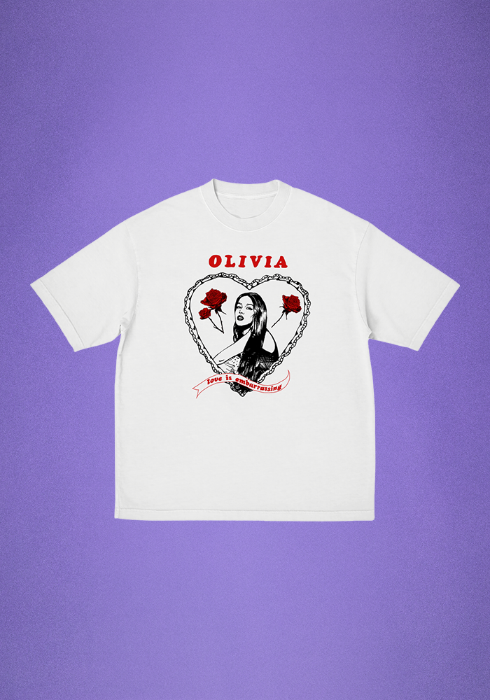 love is embarrassing t-shirt front purple background