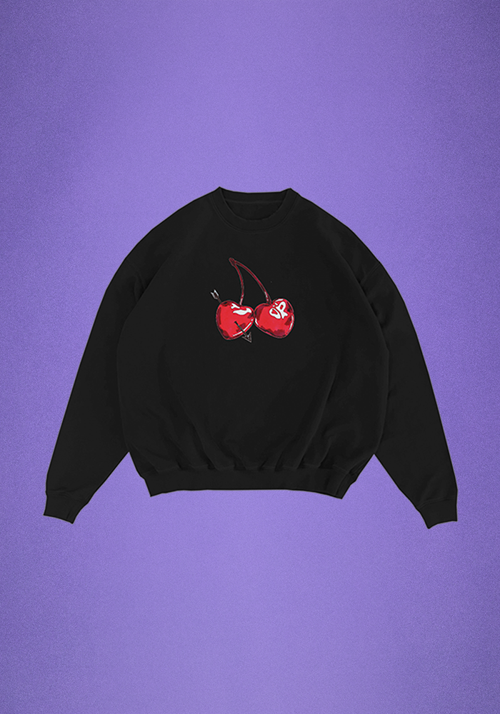 cherries crewneck pullover purple background