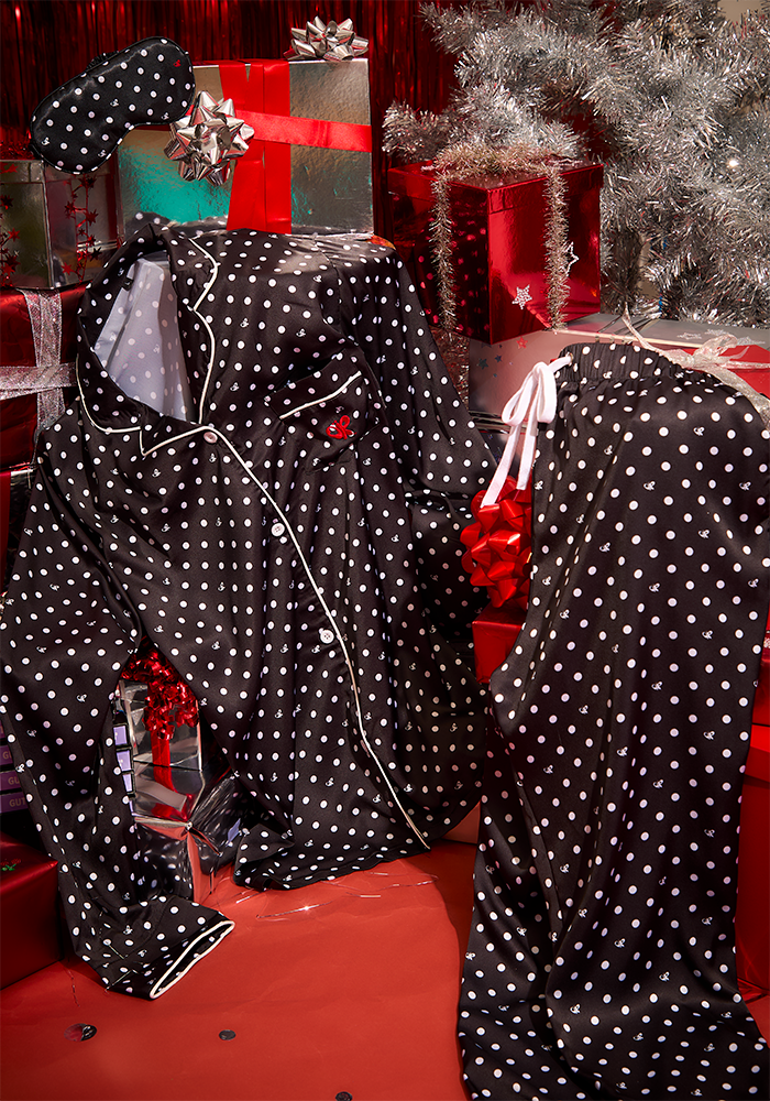 Black Polka Dot OR Pajama + Sleepmask Set under xmas tree